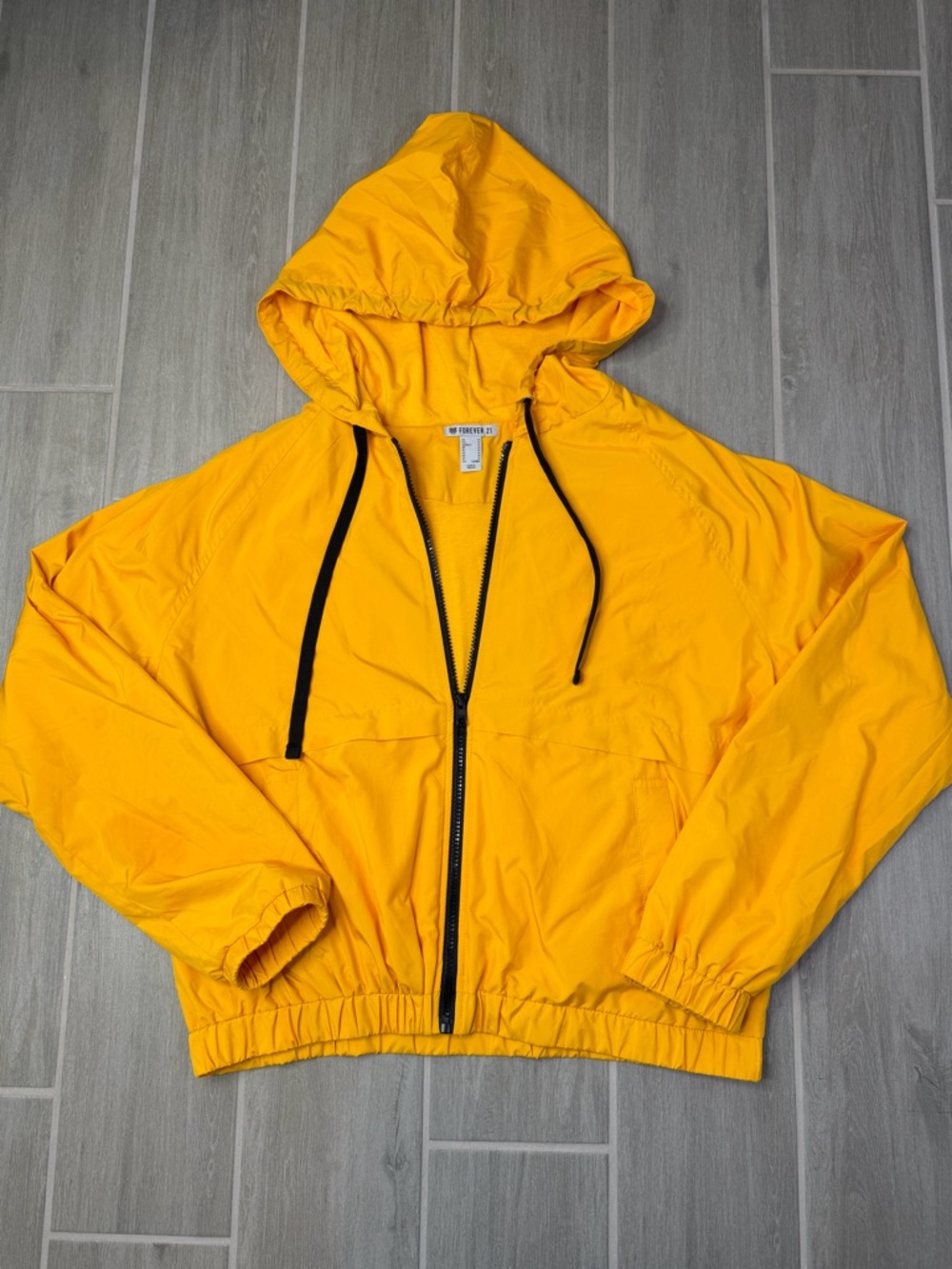 Forever 21 Yellow Hooded Windbreaker Jacket with Black Accents